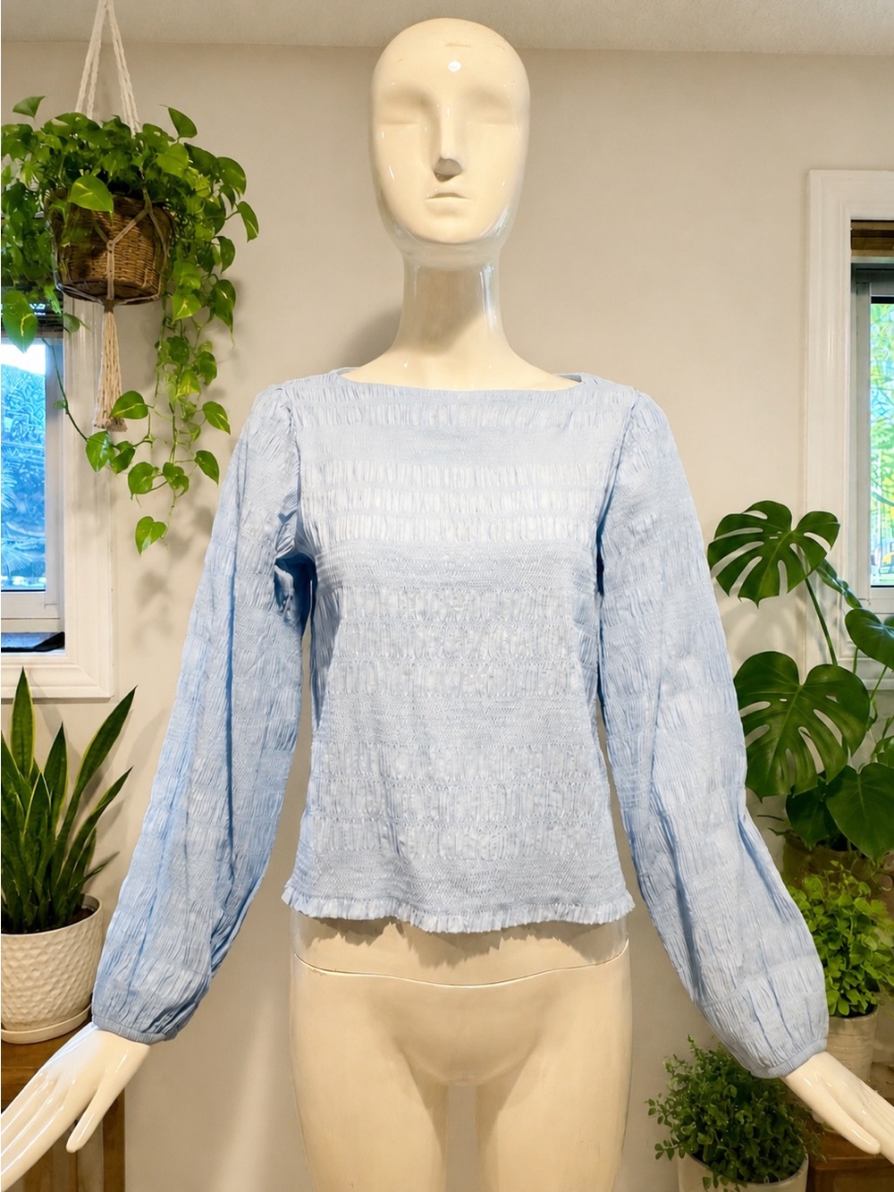 KAFFE KAkourtney Smocked Textured Blouse Light Blue Size 34